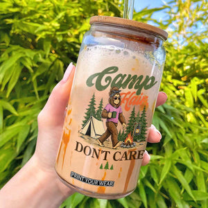 Vintage Funny Girly Bigfoot Camper Glass Can Camp Hair Don't Care Sasquatch Camping Outdoor Adventure