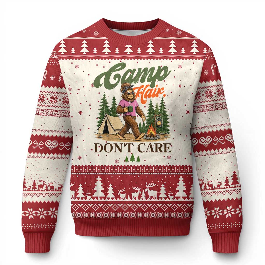 Vintage Funny Girly Bigfoot Camper Ugly Christmas Sweater Camp Hair Don't Care Sasquatch Camping Outdoor Adventure