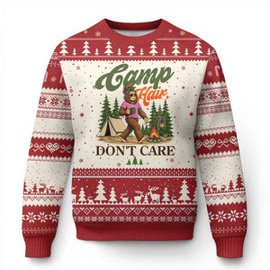 Vintage Funny Girly Bigfoot Camper Ugly Christmas Sweater Camp Hair Don't Care Sasquatch Camping Outdoor Adventure