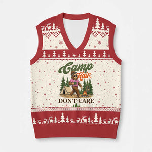 Vintage Funny Girly Bigfoot Camper V-Neck Knit Sweater Vest Camp Hair Don't Care Sasquatch Camping Outdoor Adventure