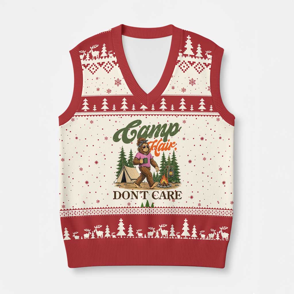 Vintage Funny Girly Bigfoot Camper V-Neck Knit Sweater Vest Camp Hair Don't Care Sasquatch Camping Outdoor Adventure TS02 Beige Red Print Your Wear