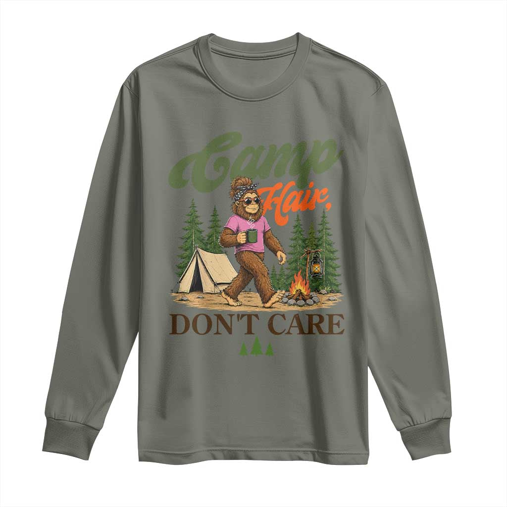 Vintage Funny Girly Bigfoot Camper Long Sleeve Shirt Camp Hair Don't Care Sasquatch Camping Outdoor Adventure