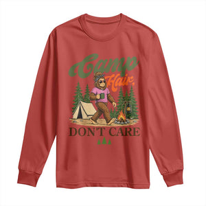 Vintage Funny Girly Bigfoot Camper Long Sleeve Shirt Camp Hair Don't Care Sasquatch Camping Outdoor Adventure