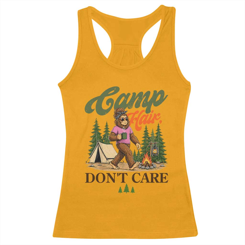 Vintage Funny Girly Bigfoot Camper Racerback Tank Top Camp Hair Don't Care Sasquatch Camping Outdoor Adventure