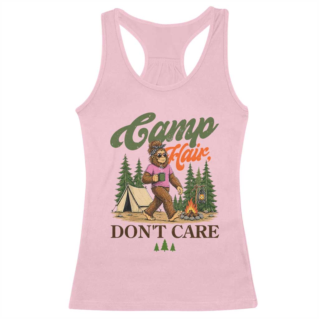 Vintage Funny Girly Bigfoot Camper Racerback Tank Top Camp Hair Don't Care Sasquatch Camping Outdoor Adventure