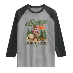 Vintage Funny Girly Bigfoot Camper Raglan Shirt Camp Hair Don't Care Sasquatch Camping Outdoor Adventure