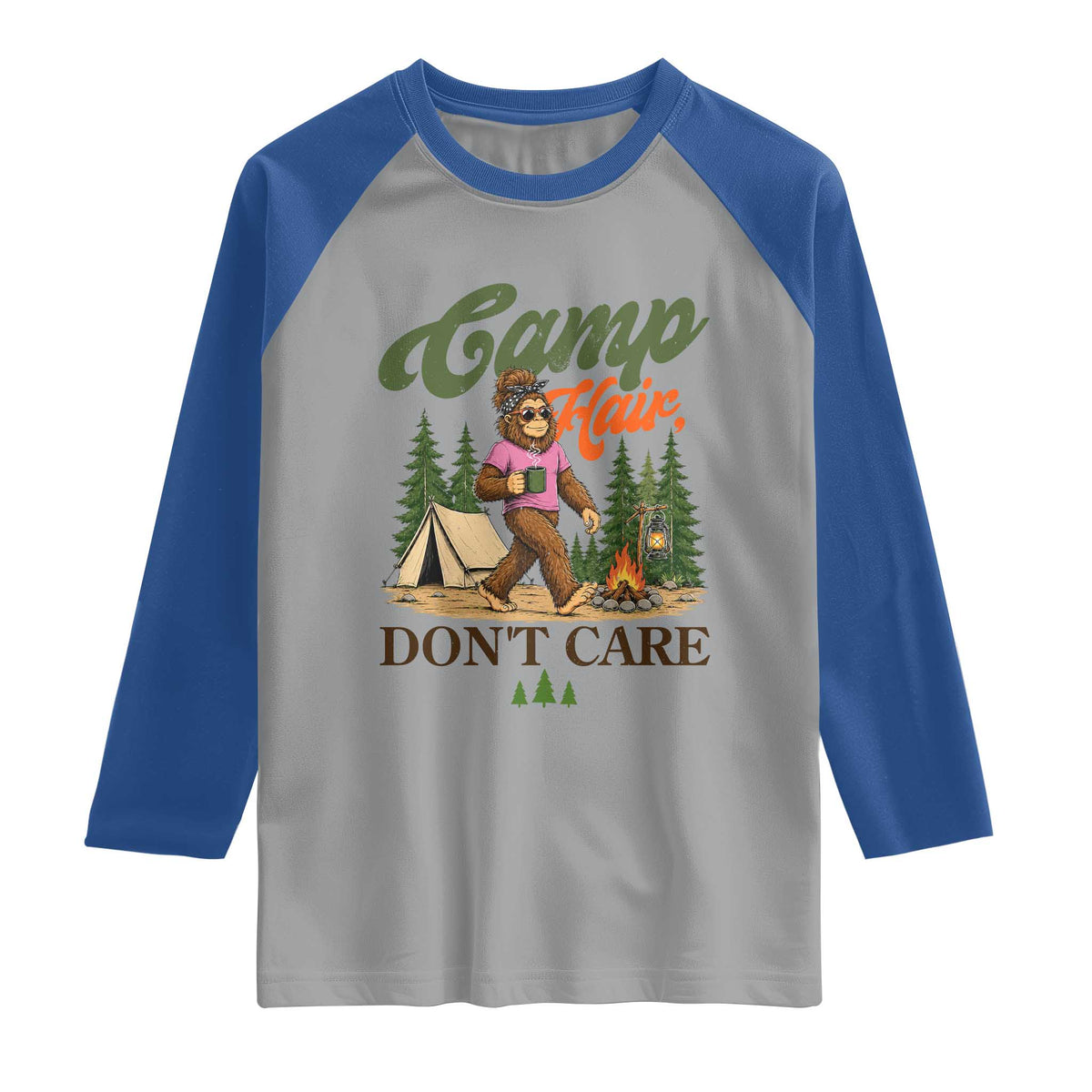 Vintage Funny Girly Bigfoot Camper Raglan Shirt Camp Hair Don't Care Sasquatch Camping Outdoor Adventure