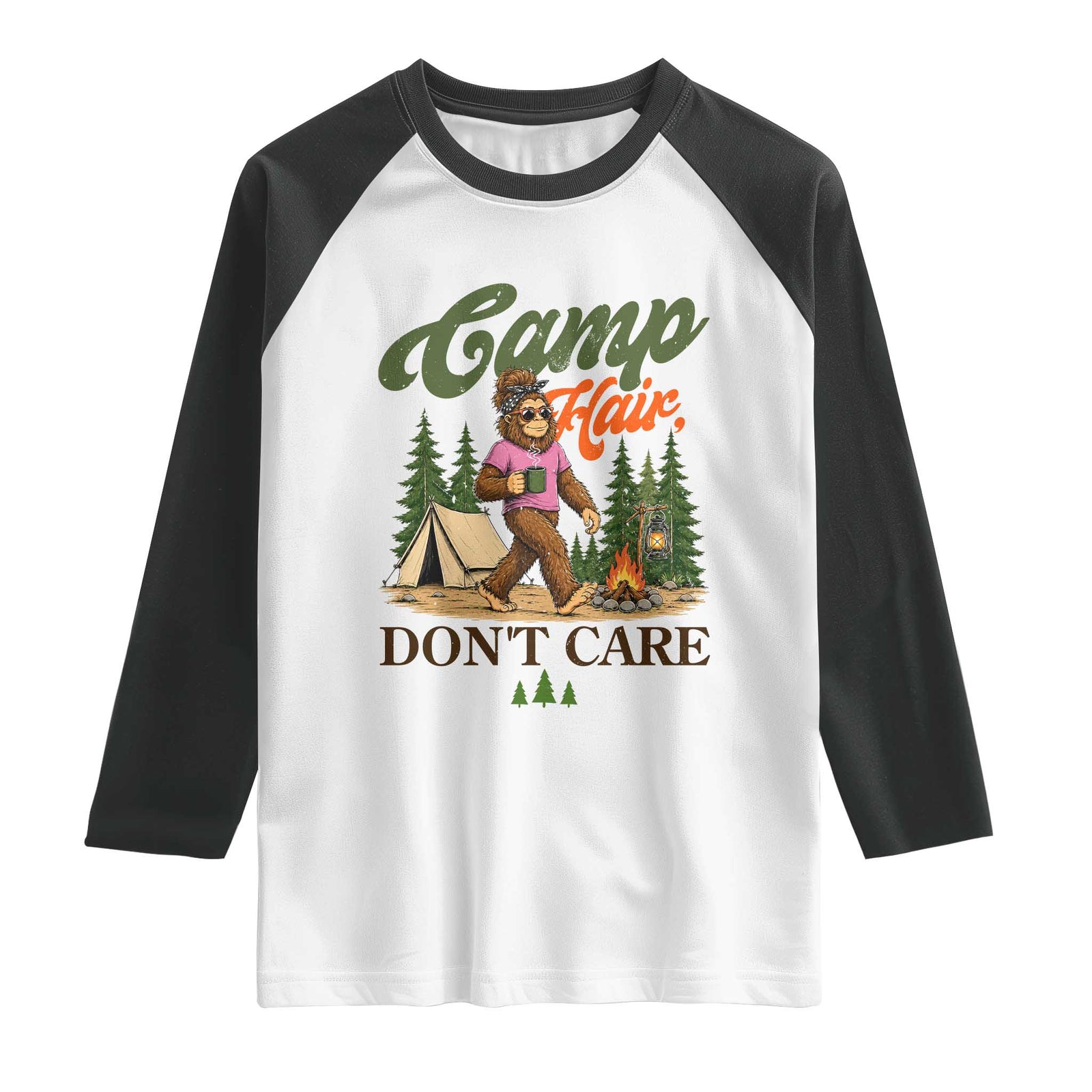 Vintage Funny Girly Bigfoot Camper Raglan Shirt Camp Hair Don't Care Sasquatch Camping Outdoor Adventure TS02 White Black Print Your Wear