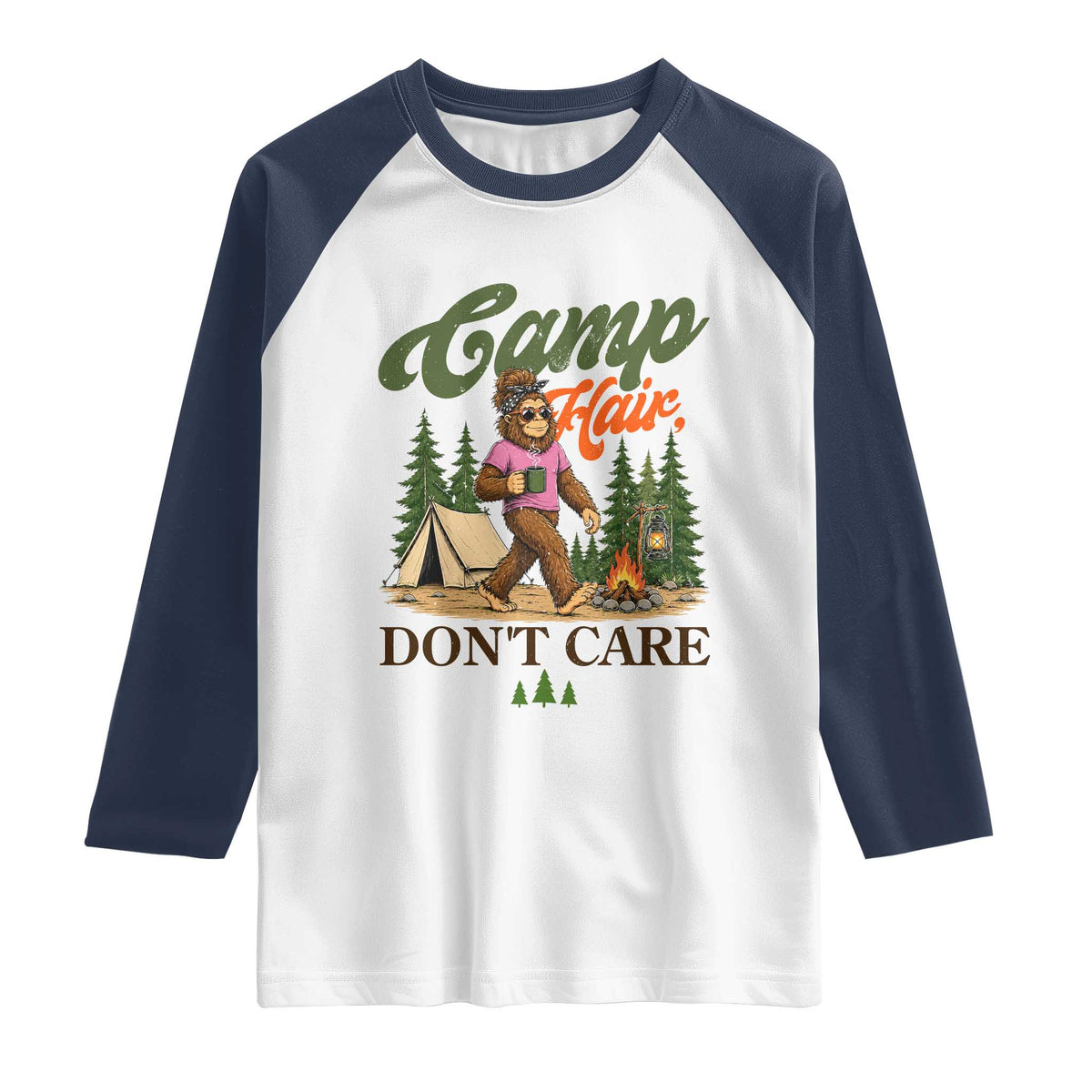 Vintage Funny Girly Bigfoot Camper Raglan Shirt Camp Hair Don't Care Sasquatch Camping Outdoor Adventure