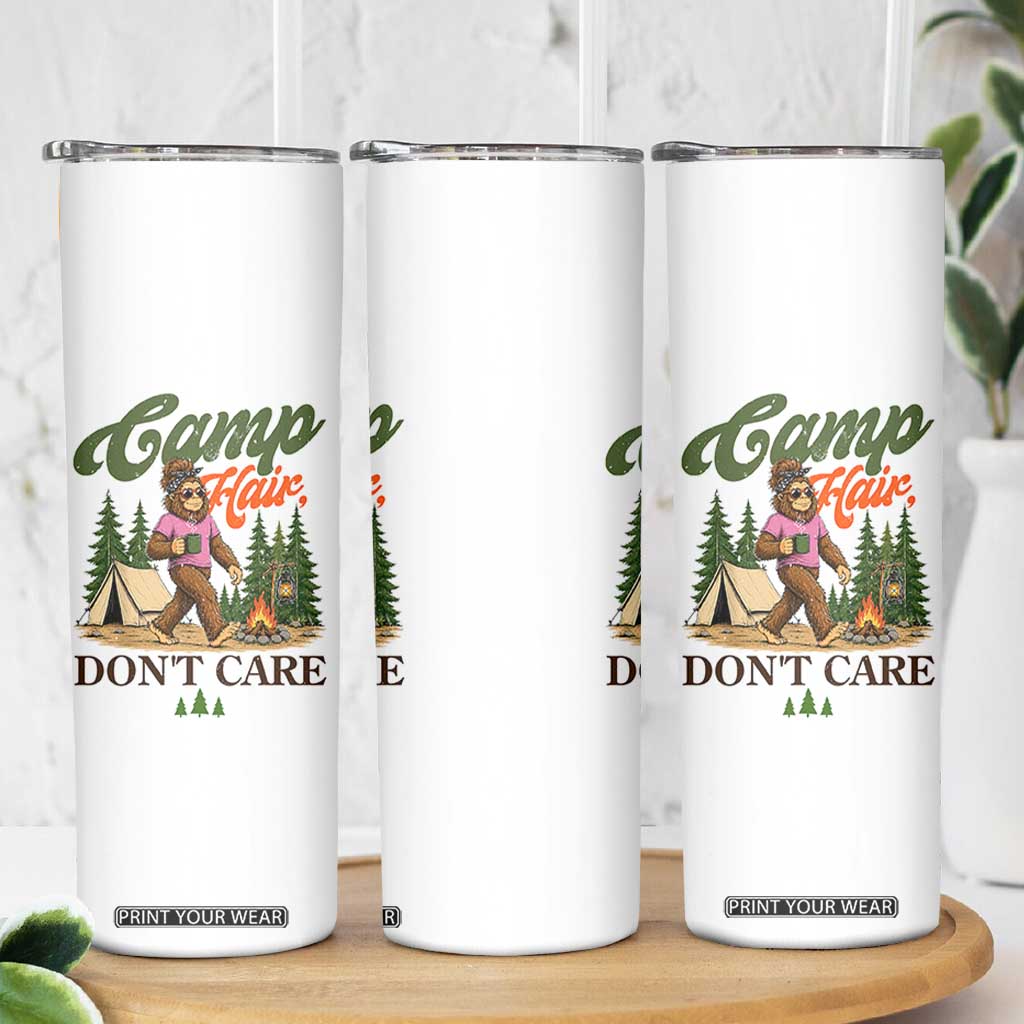 Vintage Funny Girly Bigfoot Camper Skinny Tumbler Camp Hair Don't Care Sasquatch Camping Outdoor Adventure