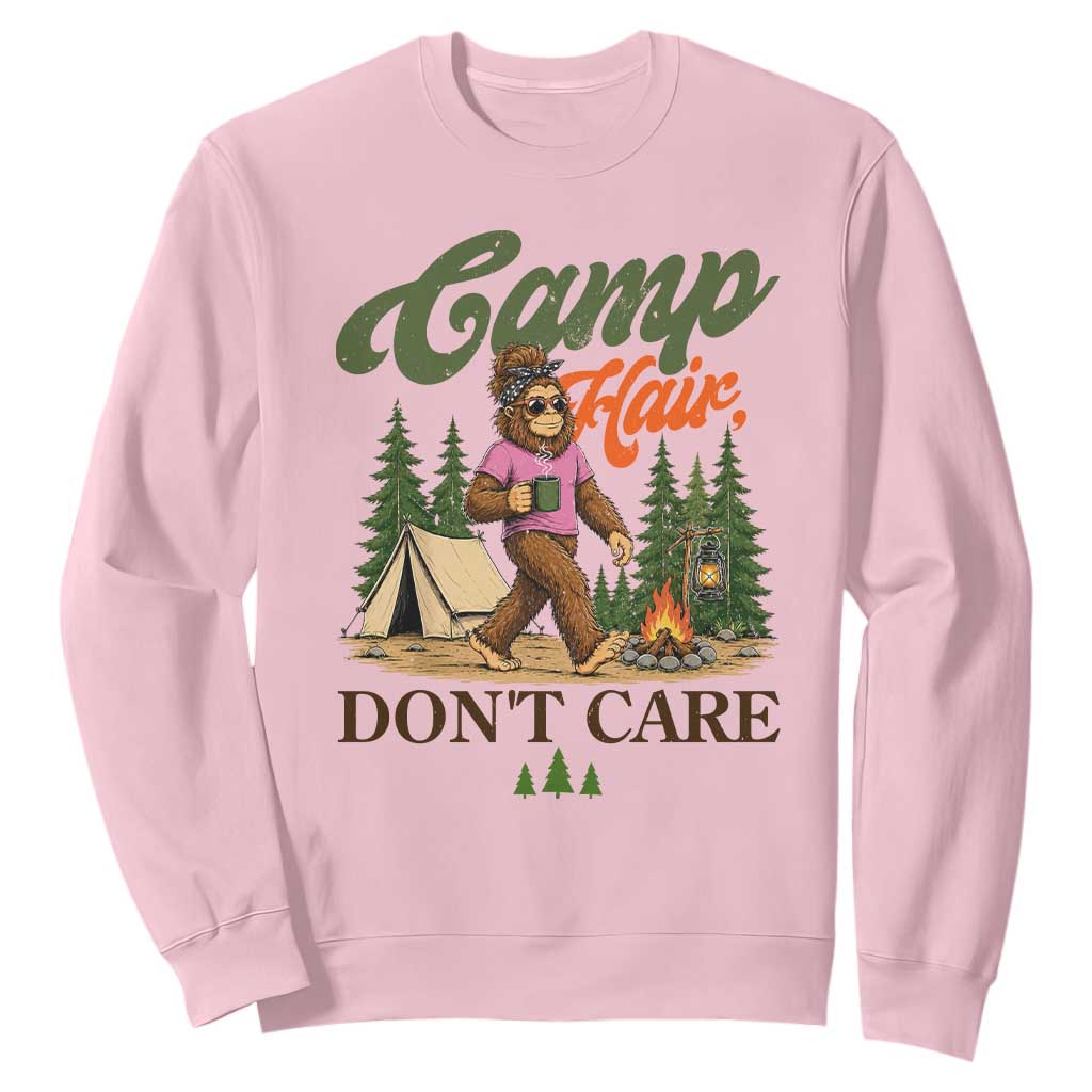 Vintage Funny Girly Bigfoot Camper Sweatshirt Camp Hair Don't Care Sasquatch Camping Outdoor Adventure