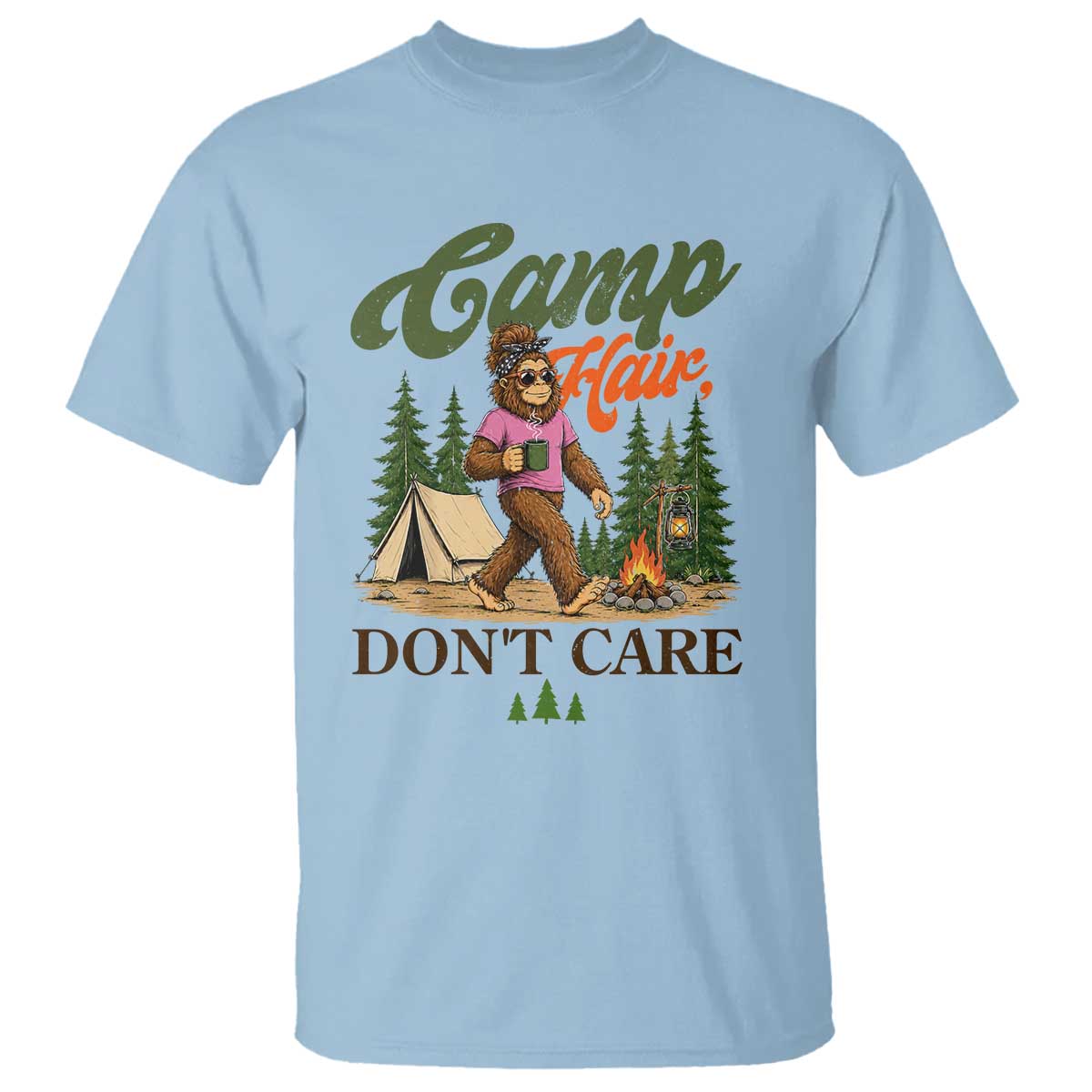 Vintage Funny Girly Bigfoot Camper T Shirt Camp Hair Don't Care Sasquatch Camping Outdoor Adventure