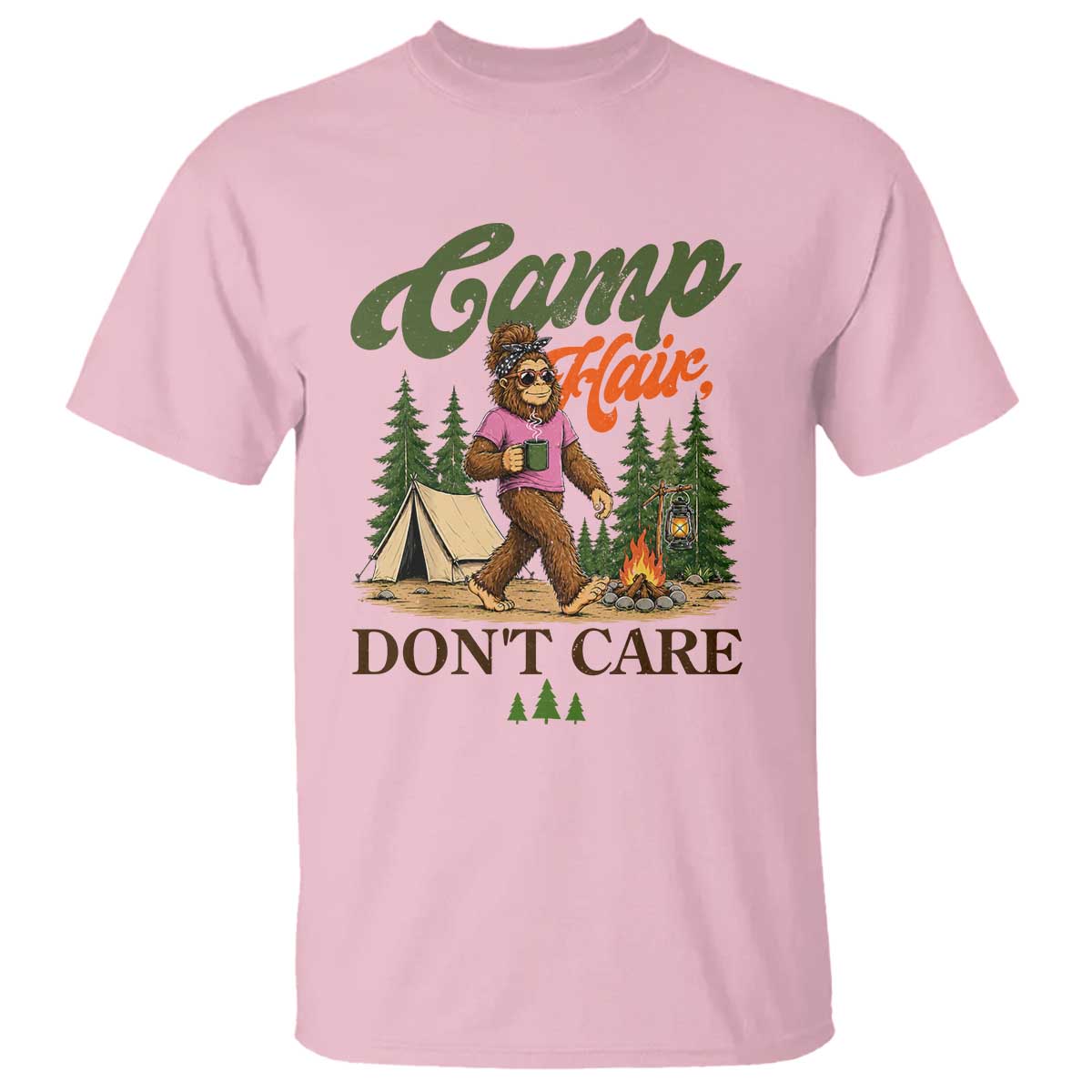 Vintage Funny Girly Bigfoot Camper T Shirt Camp Hair Don't Care Sasquatch Camping Outdoor Adventure
