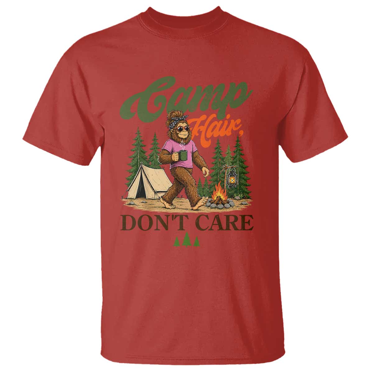 Vintage Funny Girly Bigfoot Camper T Shirt Camp Hair Don't Care Sasquatch Camping Outdoor Adventure