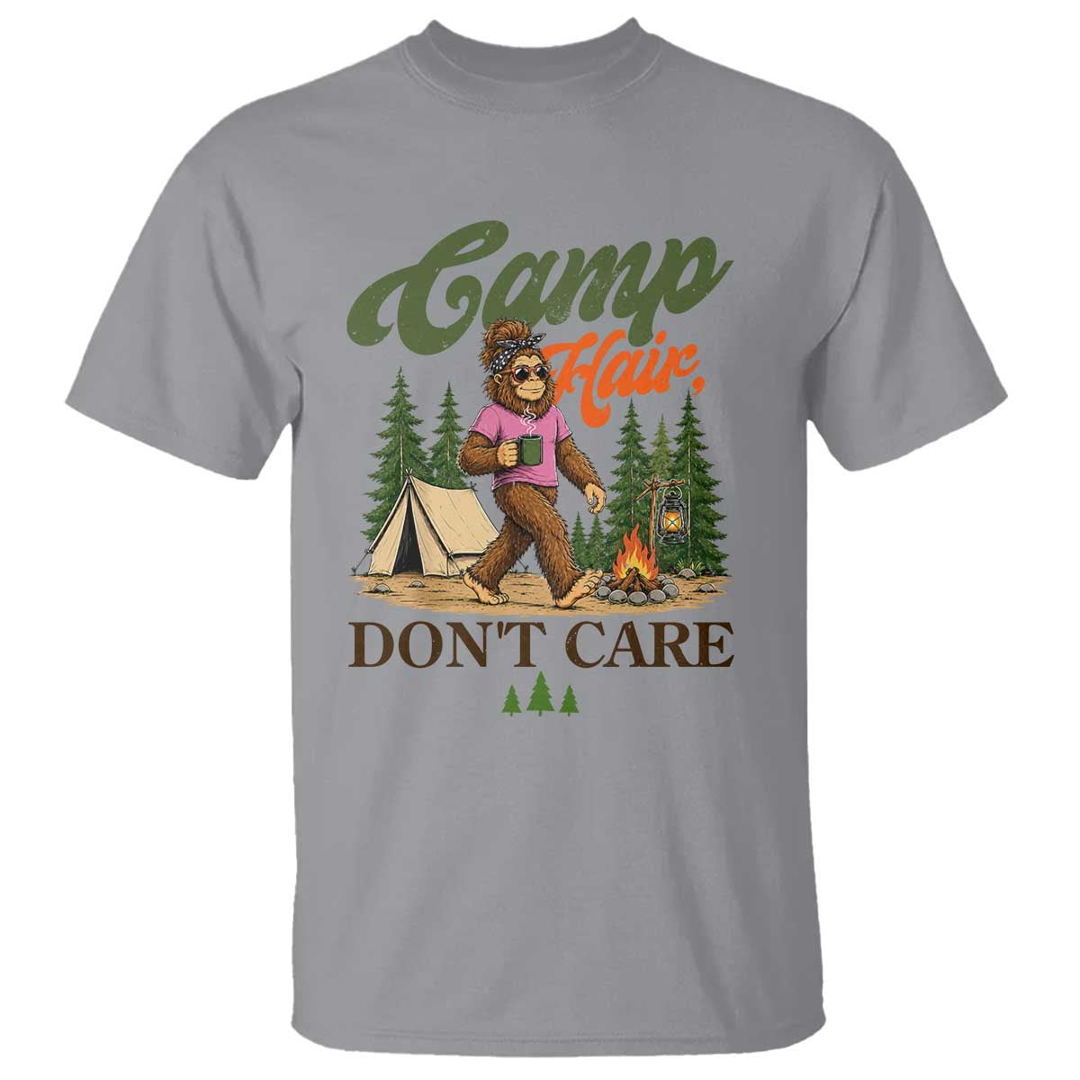 Vintage Funny Girly Bigfoot Camper T Shirt Camp Hair Don't Care Sasquatch Camping Outdoor Adventure