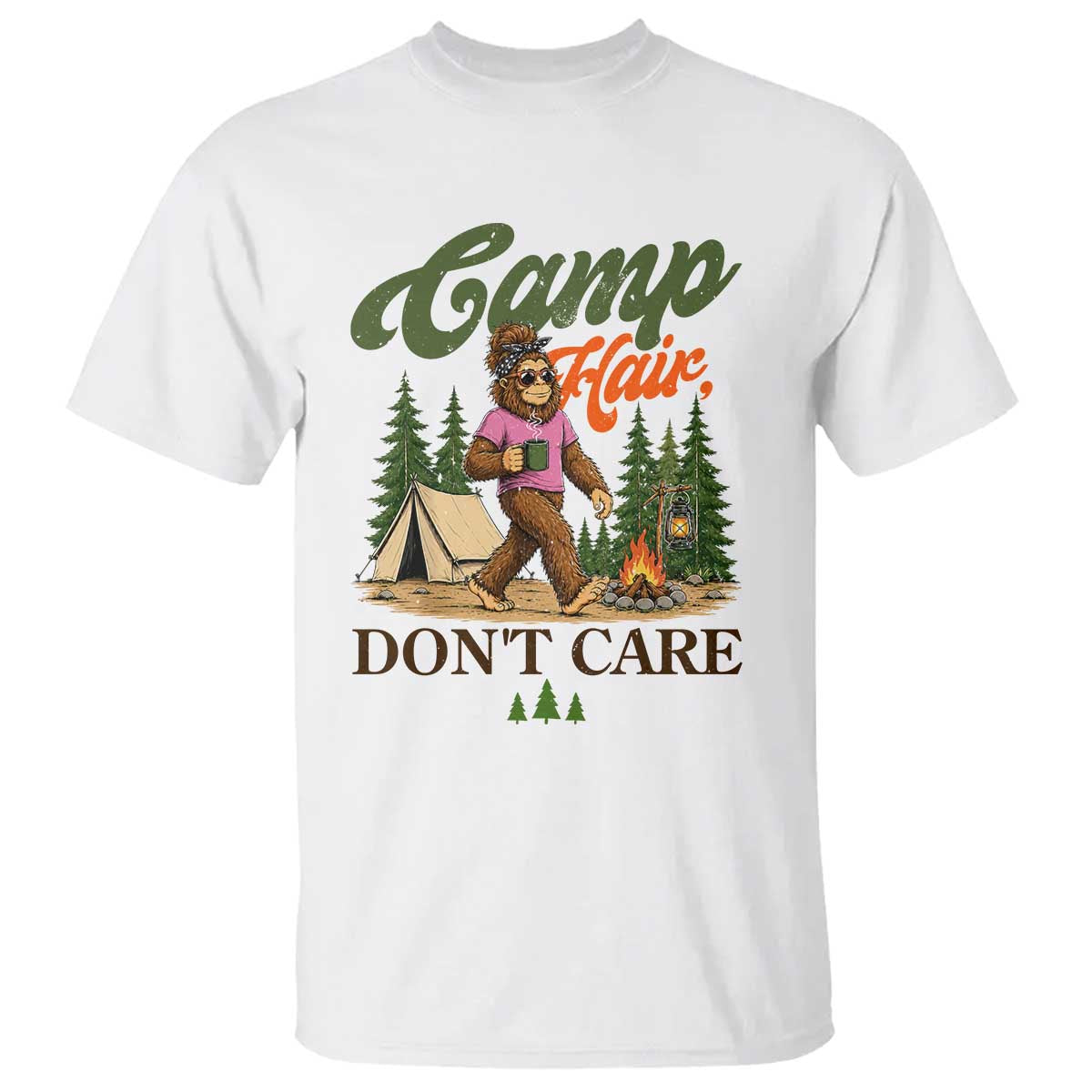 Vintage Funny Girly Bigfoot Camper T Shirt Camp Hair Don't Care Sasquatch Camping Outdoor Adventure