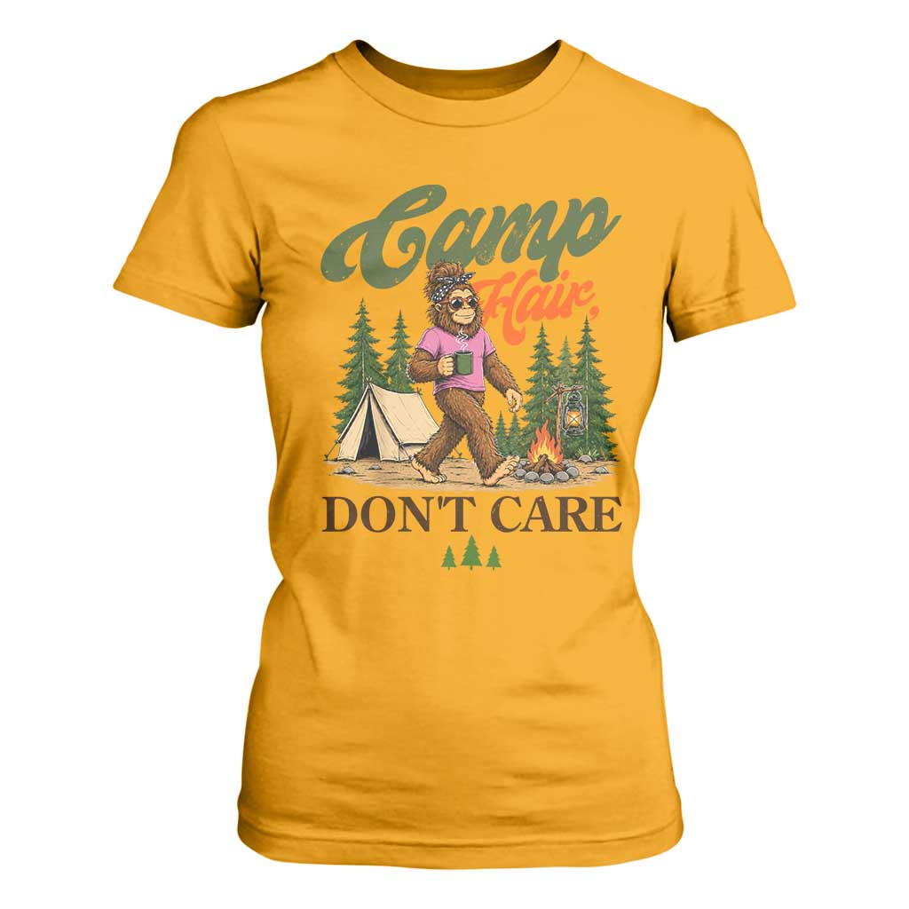 Vintage Funny Girly Bigfoot Camper T Shirt For Women Camp Hair Don't Care Sasquatch Camping Outdoor Adventure