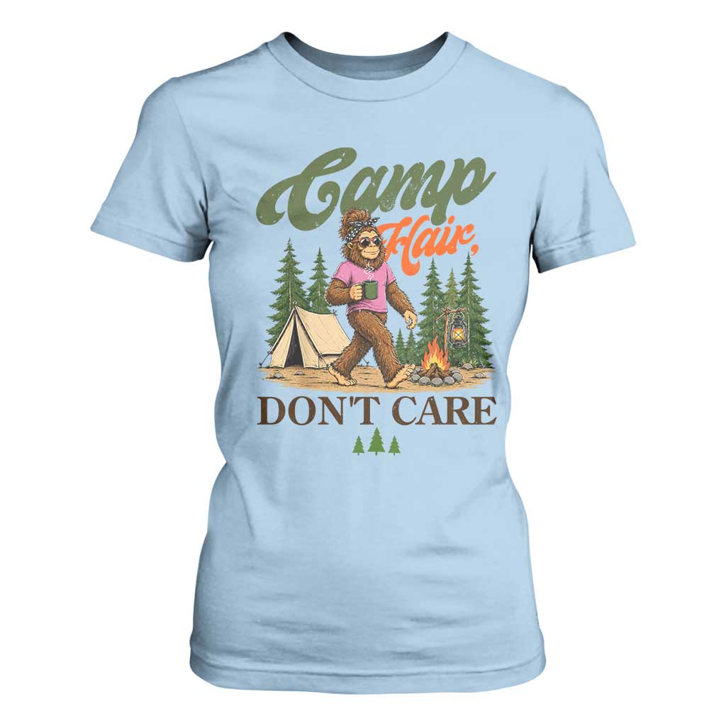 Vintage Funny Girly Bigfoot Camper T Shirt For Women Camp Hair Don't Care Sasquatch Camping Outdoor Adventure