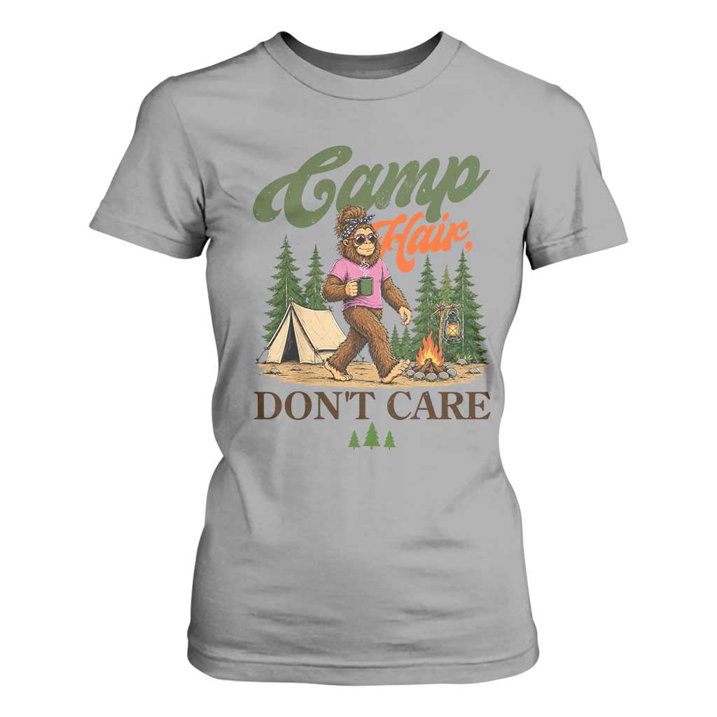 Vintage Funny Girly Bigfoot Camper T Shirt For Women Camp Hair Don't Care Sasquatch Camping Outdoor Adventure