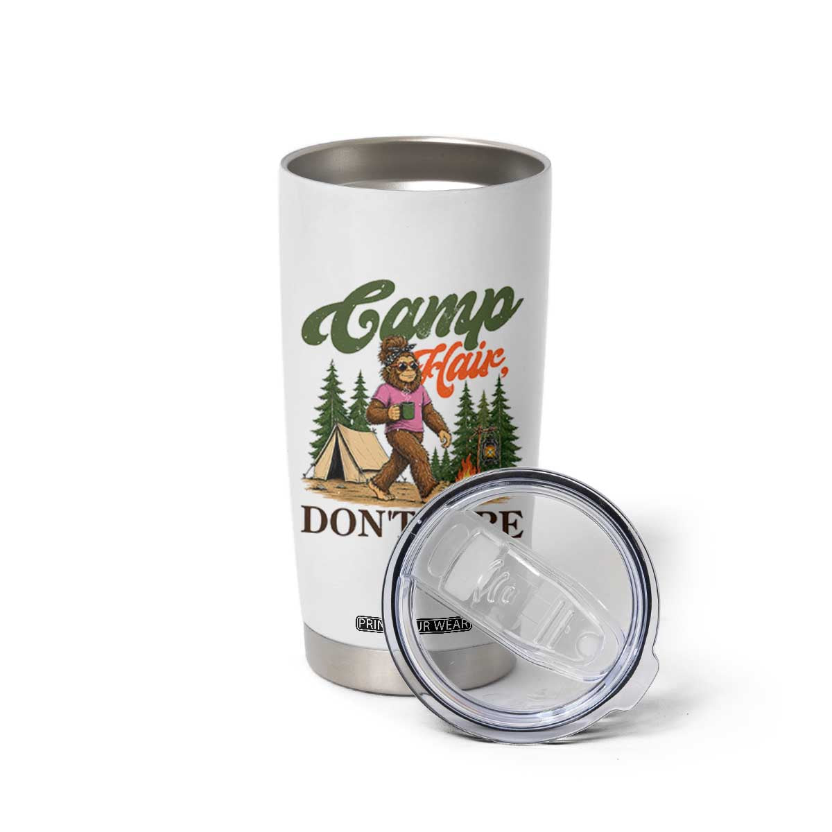 Vintage Funny Girly Bigfoot Camper Tumbler Cup Camp Hair Don't Care Sasquatch Camping Outdoor Adventure