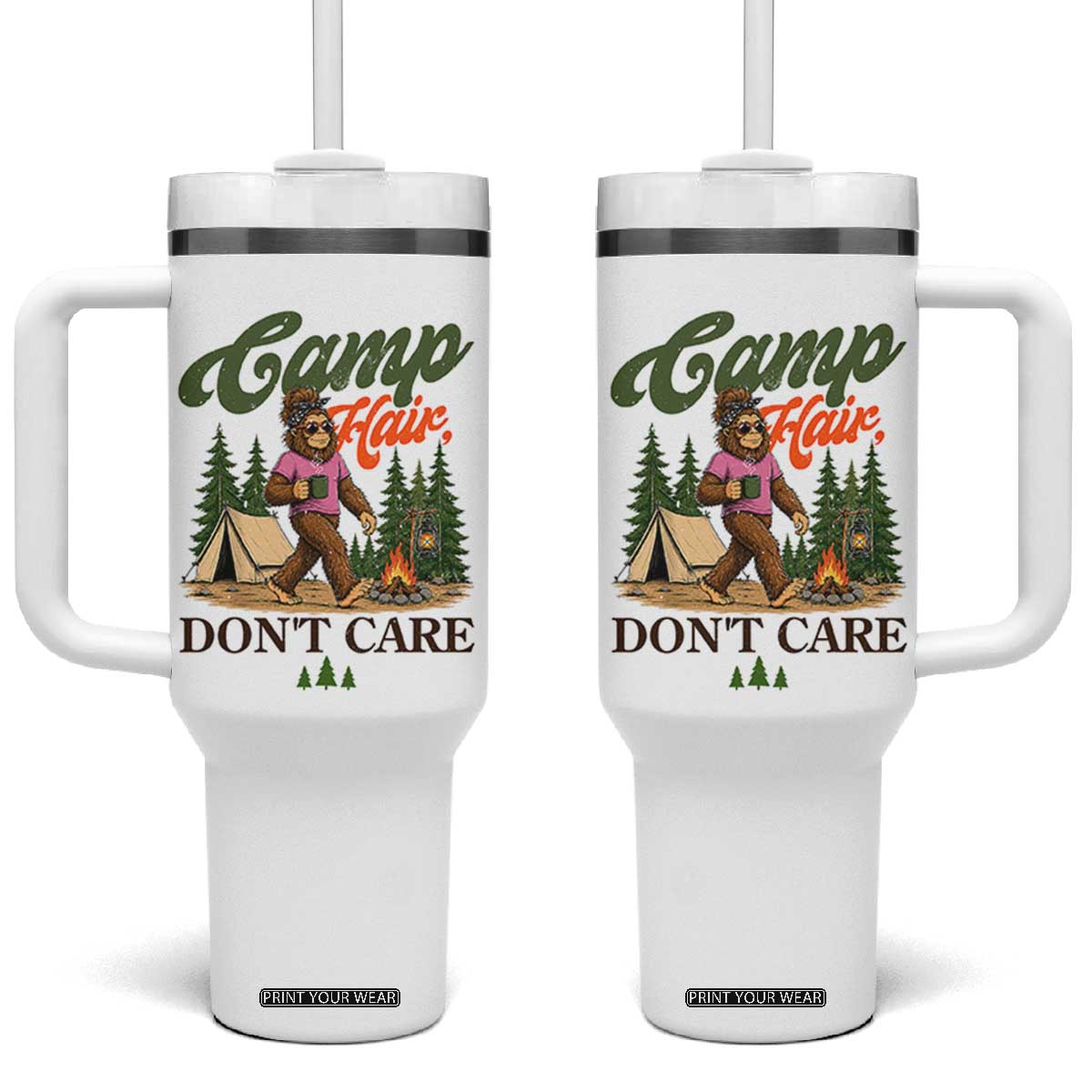 Vintage Funny Girly Bigfoot Camper Tumbler With Handle Camp Hair Don't Care Sasquatch Camping Outdoor Adventure