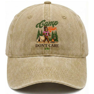 Vintage Funny Girly Bigfoot Camper Washed Cotton Baseball Cap Camp Hair Don't Care Sasquatch Camping Outdoor Adventure