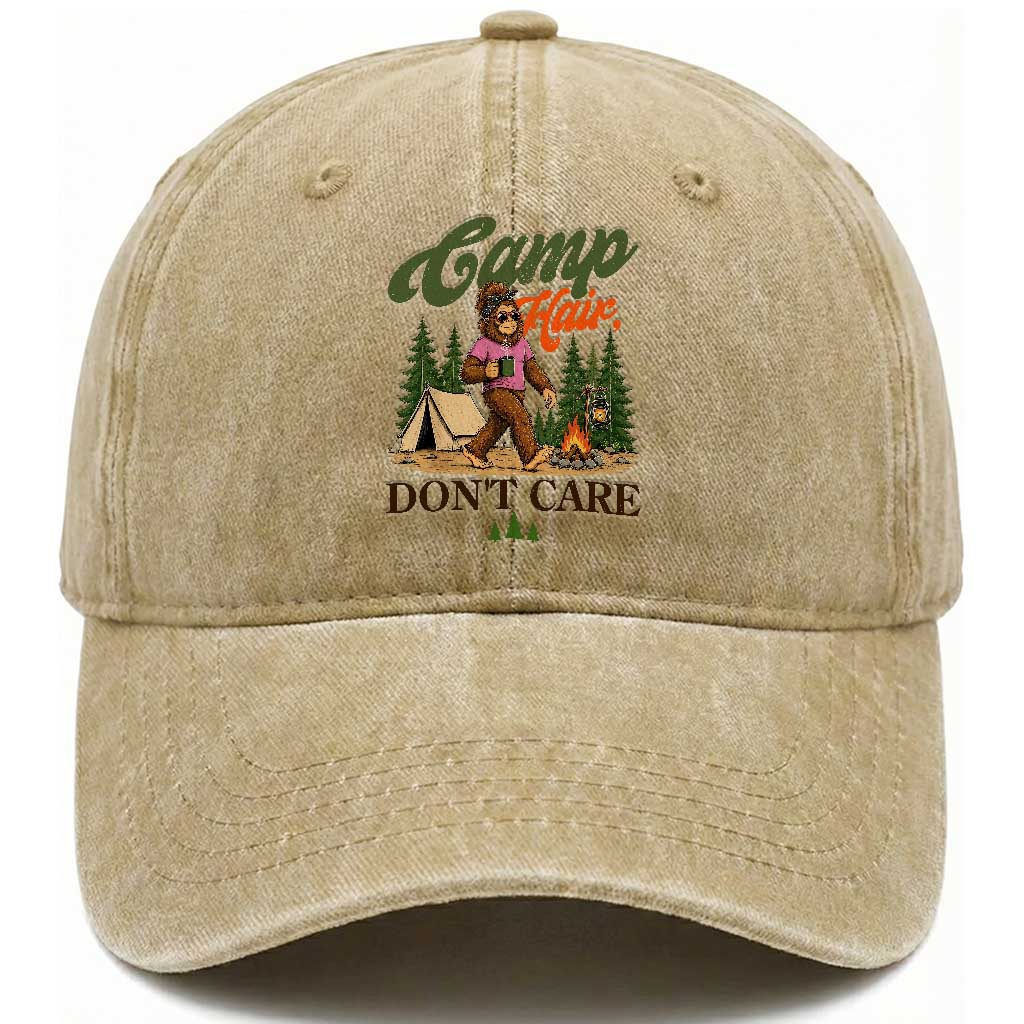 Vintage Funny Girly Bigfoot Camper Washed Cotton Baseball Cap Camp Hair Don't Care Sasquatch Camping Outdoor Adventure TS02 Print Your Wear