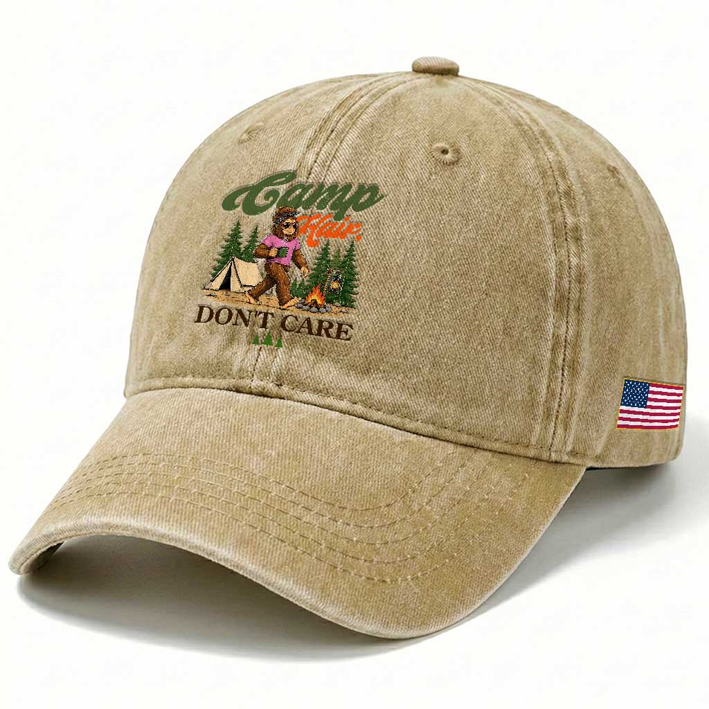 Vintage Funny Girly Bigfoot Camper Washed Cotton Baseball Cap Camp Hair Don't Care Sasquatch Camping Outdoor Adventure
