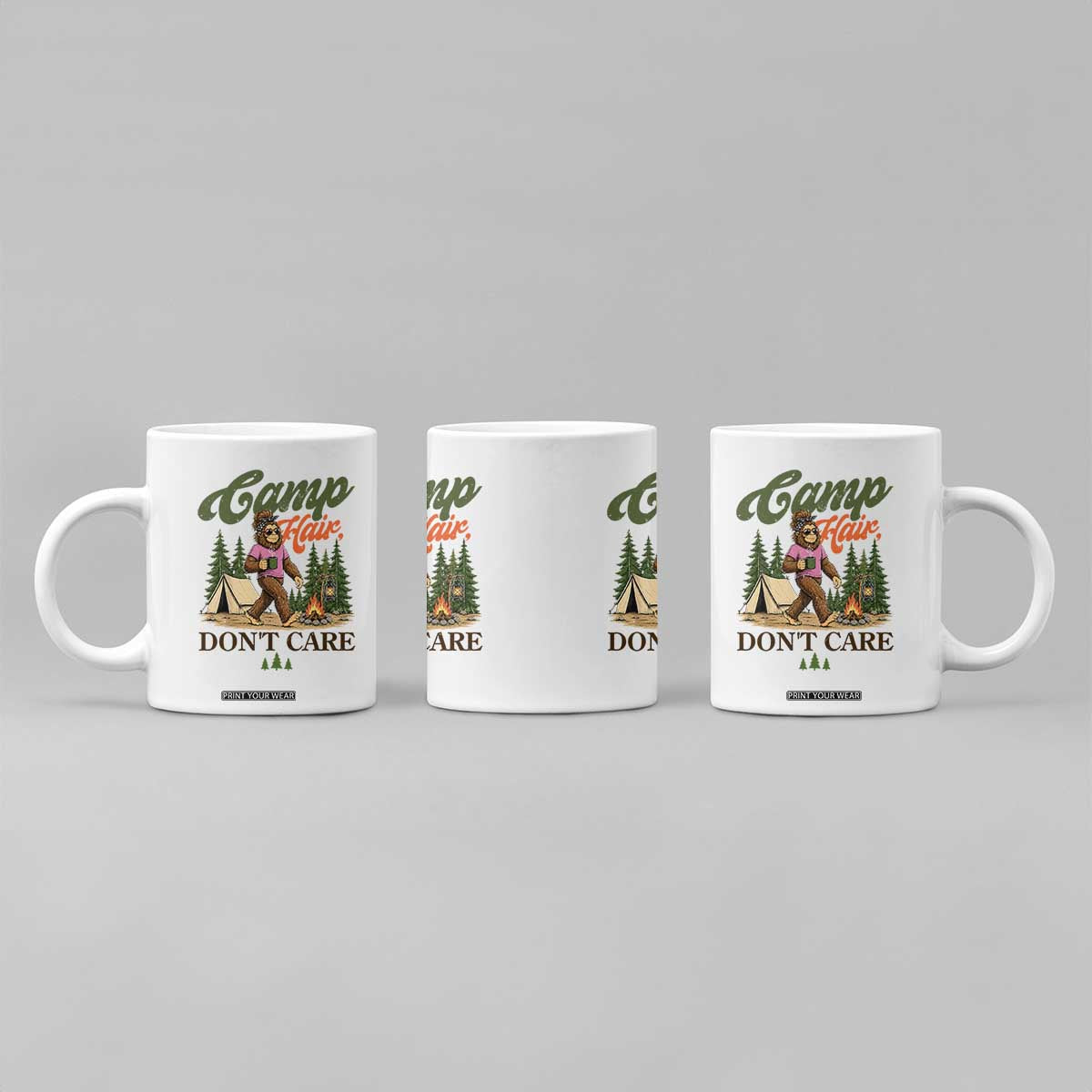 Vintage Funny Girly Bigfoot Camper Coffee Mug Camp Hair Don't Care Sasquatch Camping Outdoor Adventure