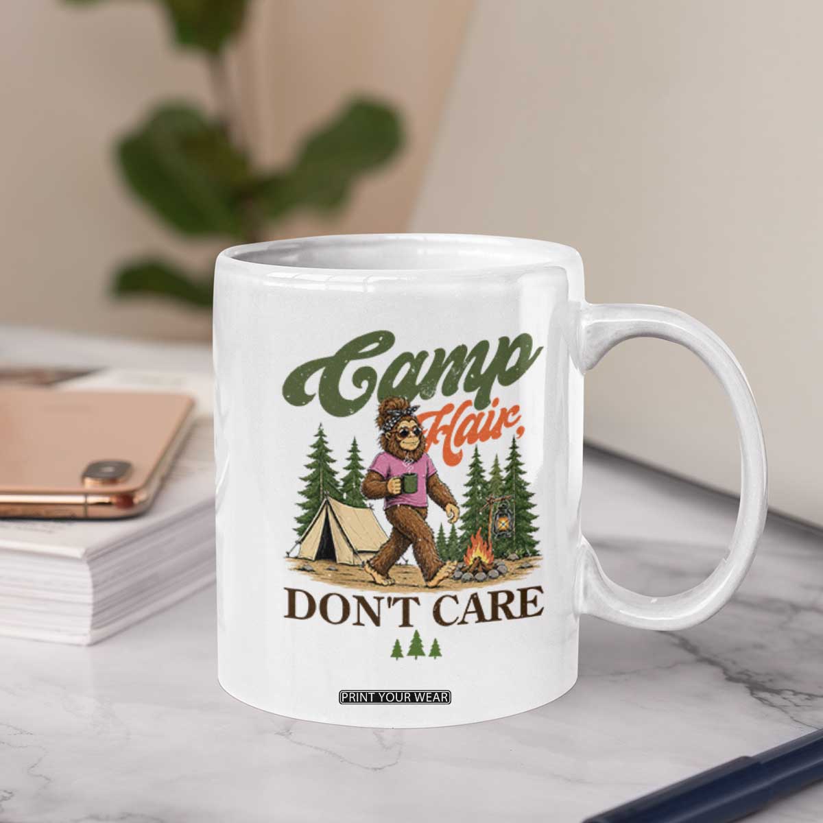 Vintage Funny Girly Bigfoot Camper Coffee Mug Camp Hair Don't Care Sasquatch Camping Outdoor Adventure