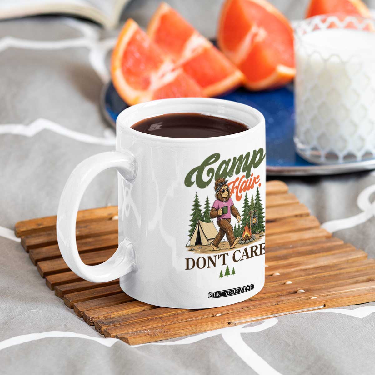 Vintage Funny Girly Bigfoot Camper Coffee Mug Camp Hair Don't Care Sasquatch Camping Outdoor Adventure
