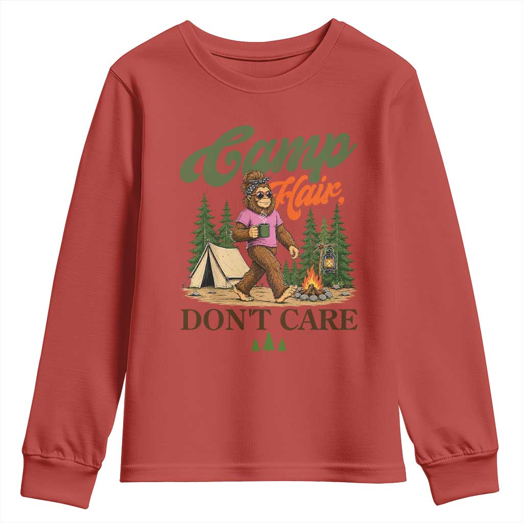 Vintage Funny Girly Bigfoot Camper Youth Sweatshirt Camp Hair Don't Care Sasquatch Camping Outdoor Adventure
