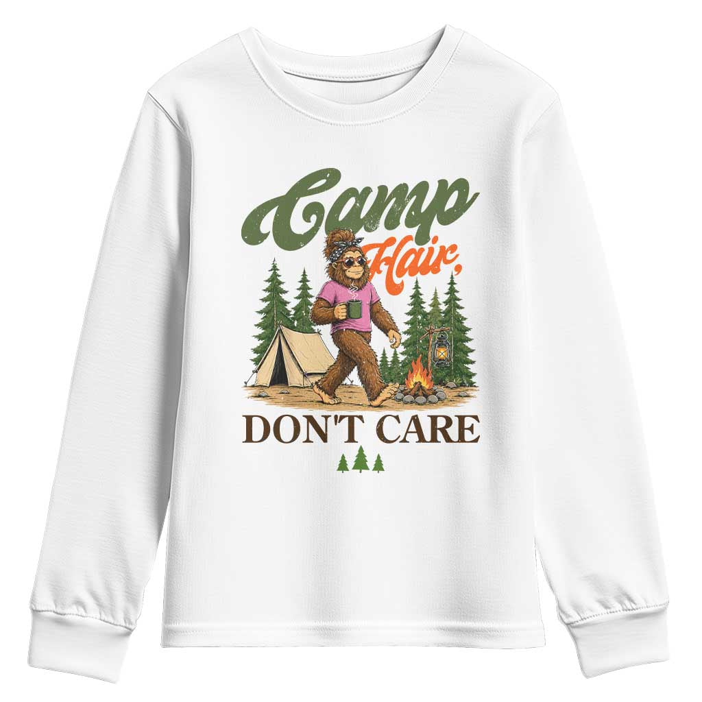 Vintage Funny Girly Bigfoot Camper Youth Sweatshirt Camp Hair Don't Care Sasquatch Camping Outdoor Adventure TS02 White Print Your Wear
