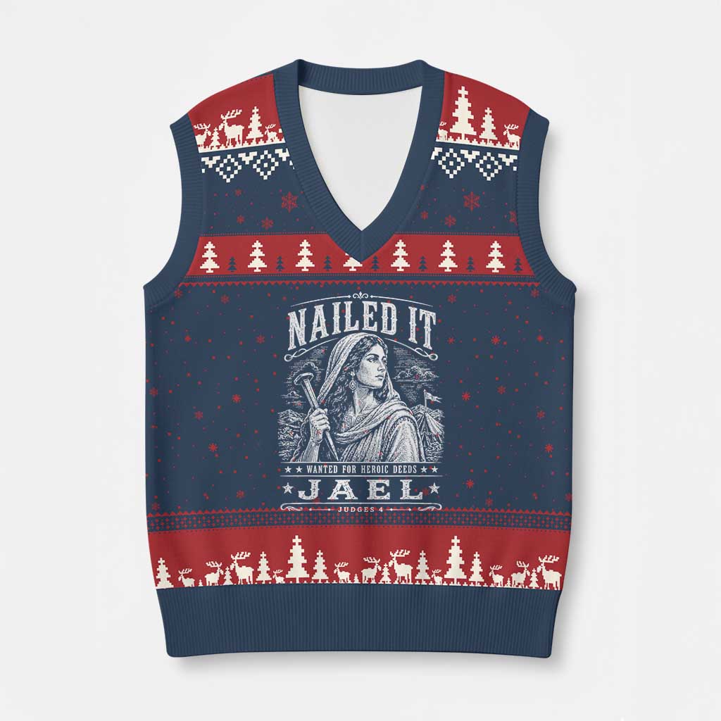 Nailed It Jael Judges 4 Old Testament V-Neck Knit Sweater Vest Funny Biblical Woodcut Christian Faith