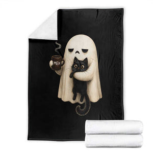 Meh Boojee Sleepy Ghost Holding Black Cat Drinking Coffee Throw Blanket Spooky Halloween Cute Autumn Morning Mood Graphic