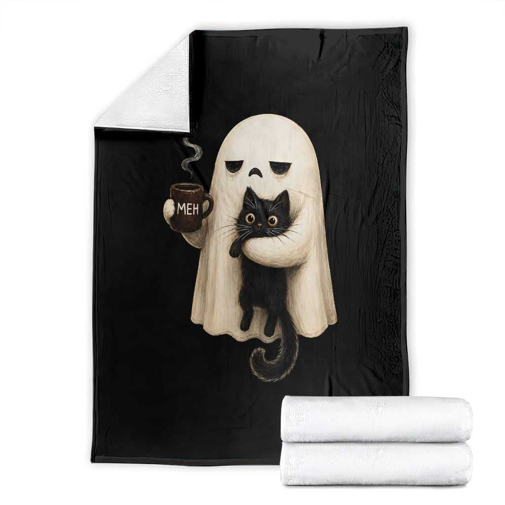 Meh Boojee Sleepy Ghost Holding Black Cat Drinking Coffee Throw Blanket Spooky Halloween Cute Autumn Morning Mood Graphic TS02 Black Print Your Wear
