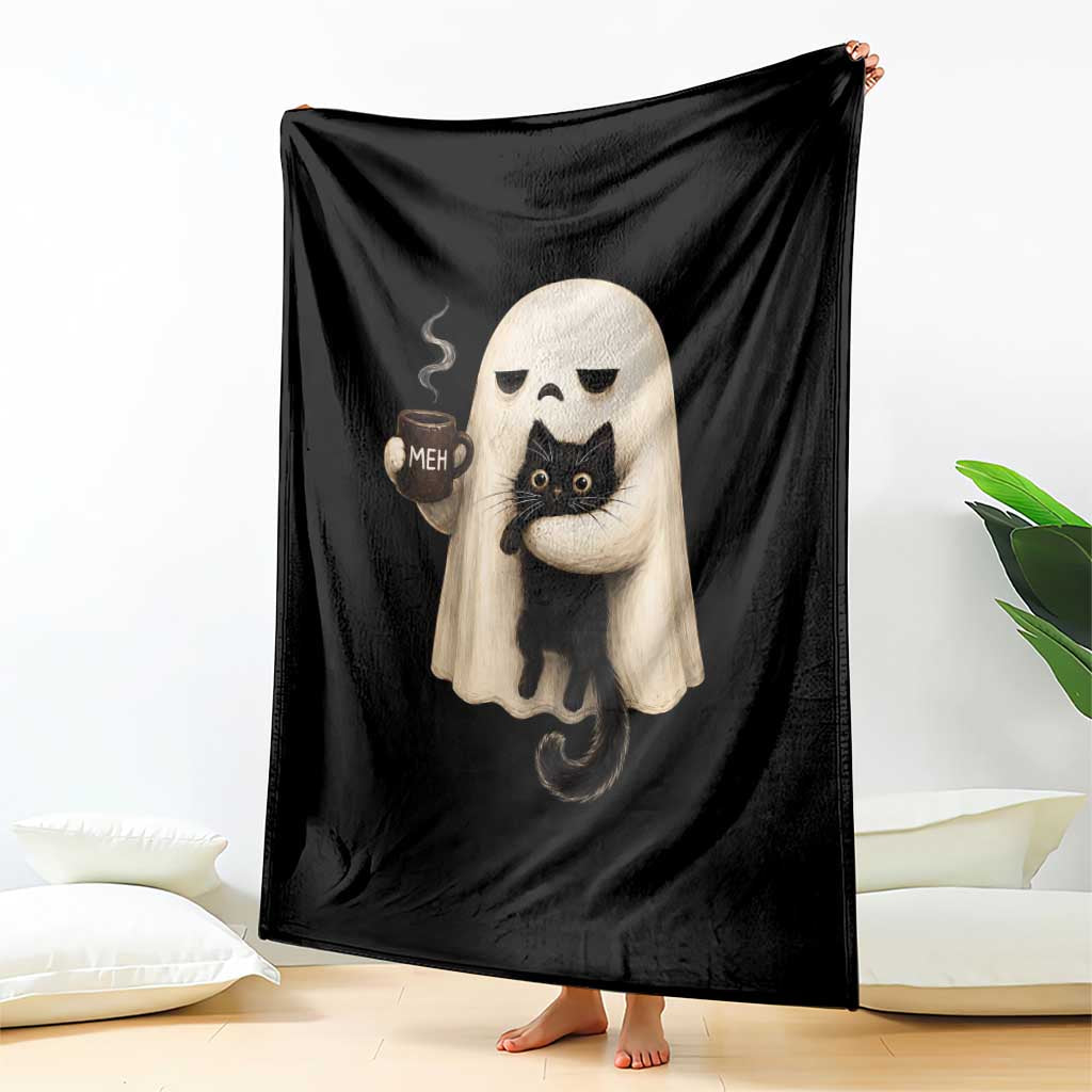 Meh Boojee Sleepy Ghost Holding Black Cat Drinking Coffee Throw Blanket Spooky Halloween Cute Autumn Morning Mood Graphic