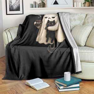 Meh Boojee Sleepy Ghost Holding Black Cat Drinking Coffee Throw Blanket Spooky Halloween Cute Autumn Morning Mood Graphic