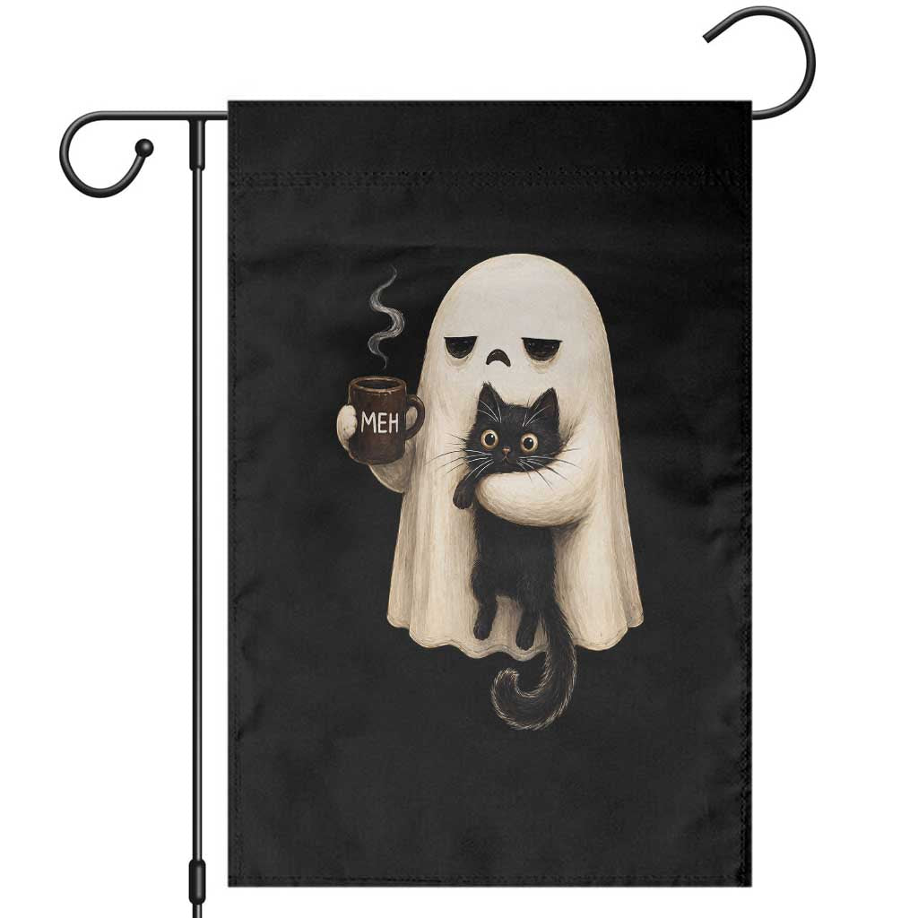 Meh Boojee Sleepy Ghost Holding Black Cat Drinking Coffee Garden Flag Spooky Halloween Cute Autumn Morning Mood Graphic TS02 Black Print Your Wear