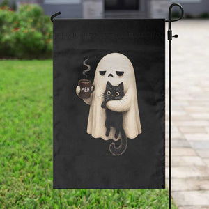 Meh Boojee Sleepy Ghost Holding Black Cat Drinking Coffee Garden Flag Spooky Halloween Cute Autumn Morning Mood Graphic