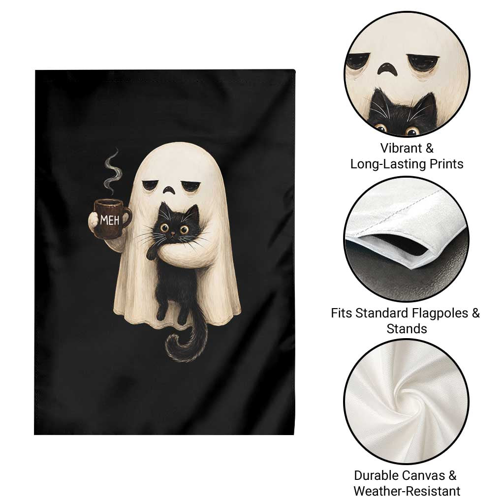 Meh Boojee Sleepy Ghost Holding Black Cat Drinking Coffee Garden Flag Spooky Halloween Cute Autumn Morning Mood Graphic
