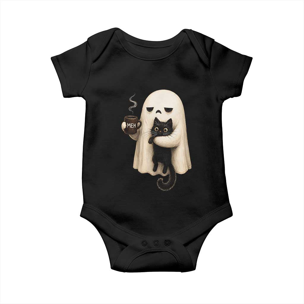Meh Boojee Sleepy Ghost Holding Black Cat Drinking Coffee Baby Onesie Spooky Halloween Cute Autumn Morning Mood Graphic TS02 Black Print Your Wear