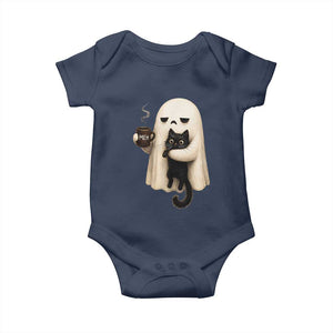 Meh Boojee Sleepy Ghost Holding Black Cat Drinking Coffee Baby Onesie Spooky Halloween Cute Autumn Morning Mood Graphic