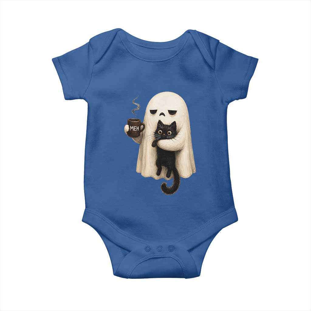 Meh Boojee Sleepy Ghost Holding Black Cat Drinking Coffee Baby Onesie Spooky Halloween Cute Autumn Morning Mood Graphic
