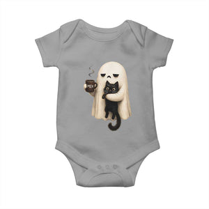 Meh Boojee Sleepy Ghost Holding Black Cat Drinking Coffee Baby Onesie Spooky Halloween Cute Autumn Morning Mood Graphic