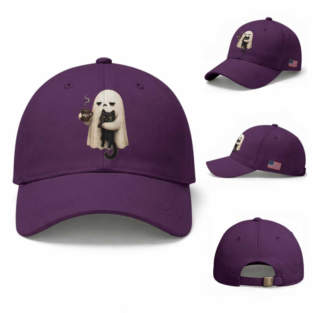 Meh Boojee Sleepy Ghost Holding Black Cat Drinking Coffee Baseball Cap Spooky Halloween Cute Autumn Morning Mood Graphic