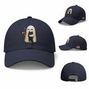 Meh Boojee Sleepy Ghost Holding Black Cat Drinking Coffee Baseball Cap Spooky Halloween Cute Autumn Morning Mood Graphic