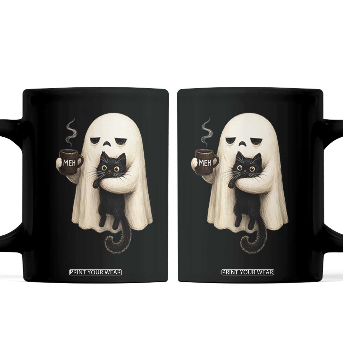 Meh Boojee Sleepy Ghost Holding Black Cat Drinking Coffee Coffee Mug Spooky Halloween Cute Autumn Morning Mood Graphic