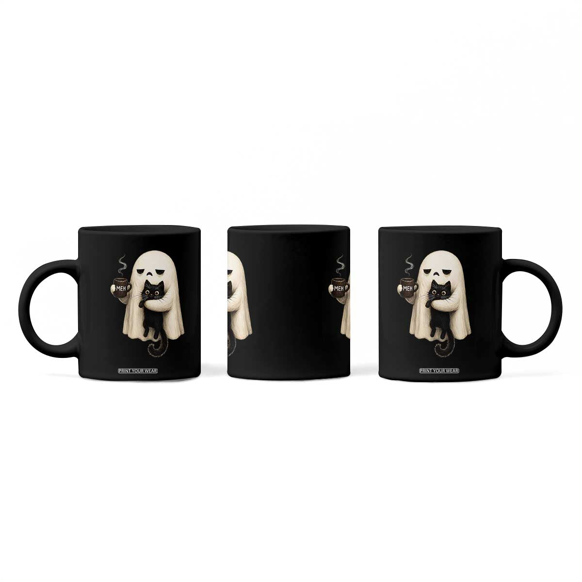 Meh Boojee Sleepy Ghost Holding Black Cat Drinking Coffee Coffee Mug Spooky Halloween Cute Autumn Morning Mood Graphic