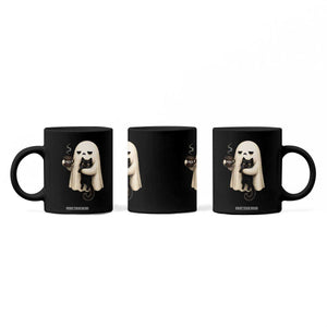 Meh Boojee Sleepy Ghost Holding Black Cat Drinking Coffee Coffee Mug Spooky Halloween Cute Autumn Morning Mood Graphic